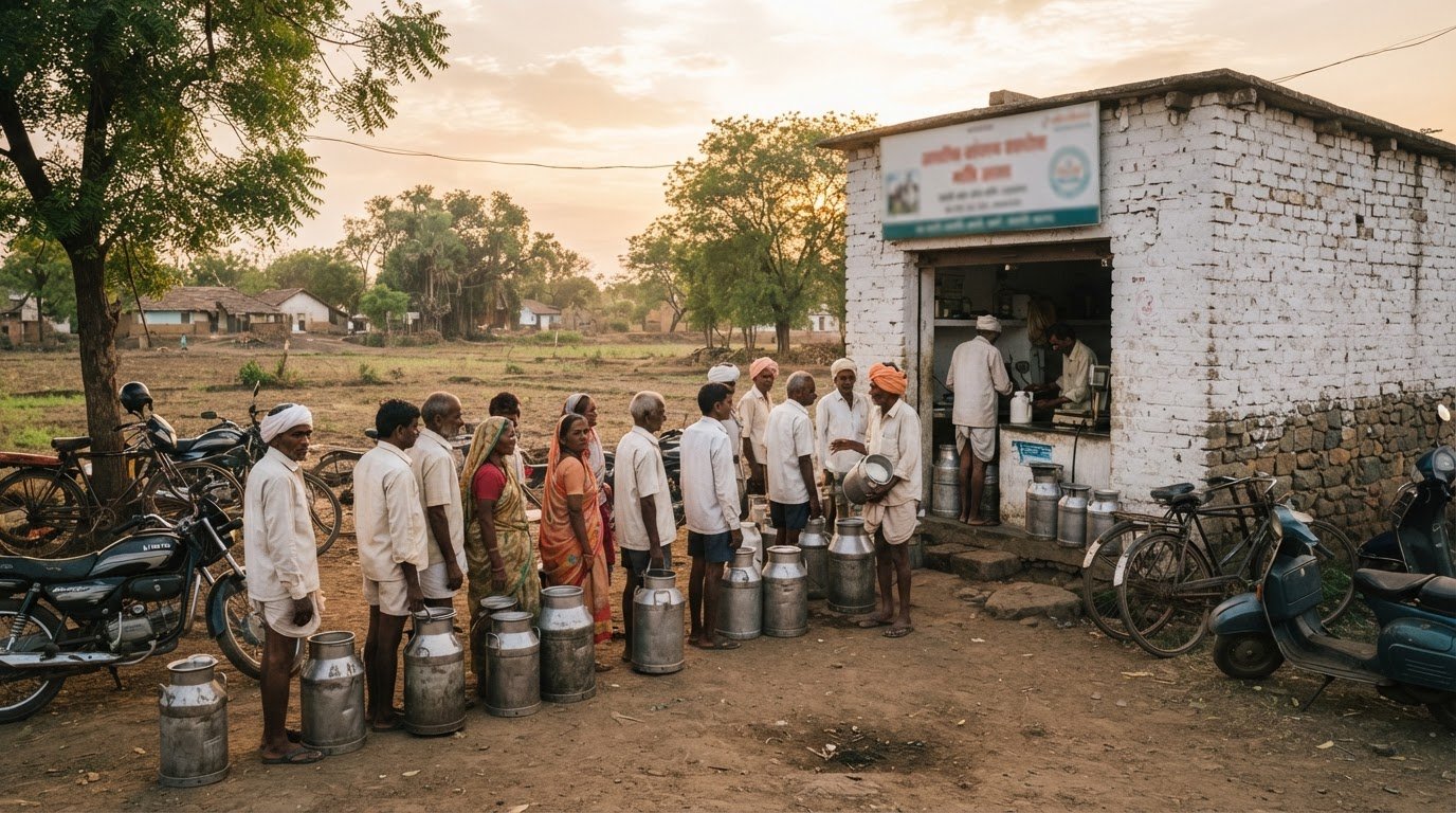 Farmers queuing with milk cans at a village collection centre