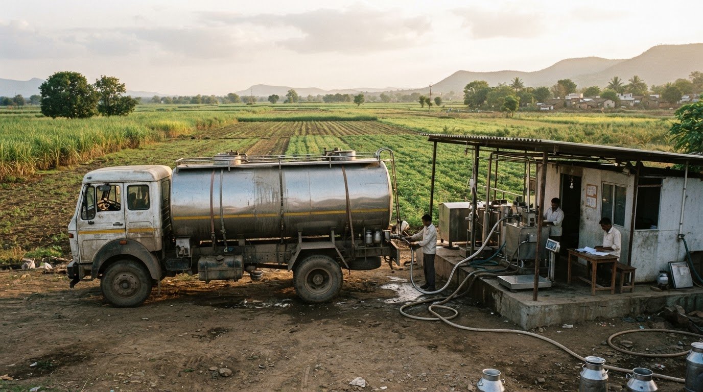 An insulated milk tanker at a rural chilling centre