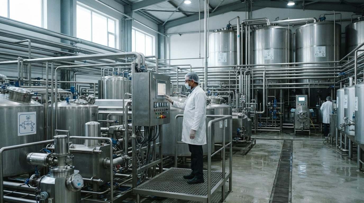 Stainless steel pasteurisation equipment in a dairy processing hall