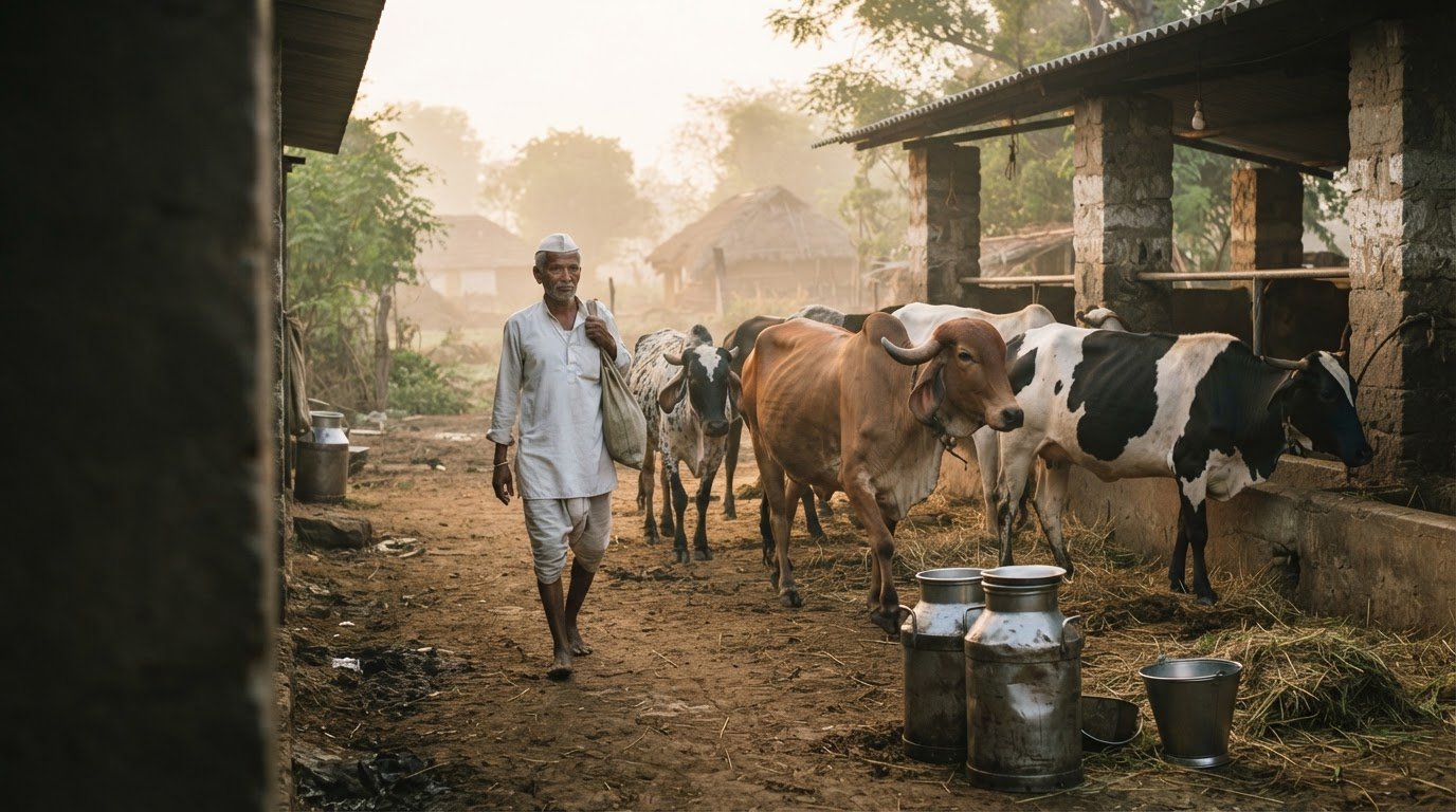 A dairy farmer walking with cows past steel milk cans in a North Maharashtra village at dawn